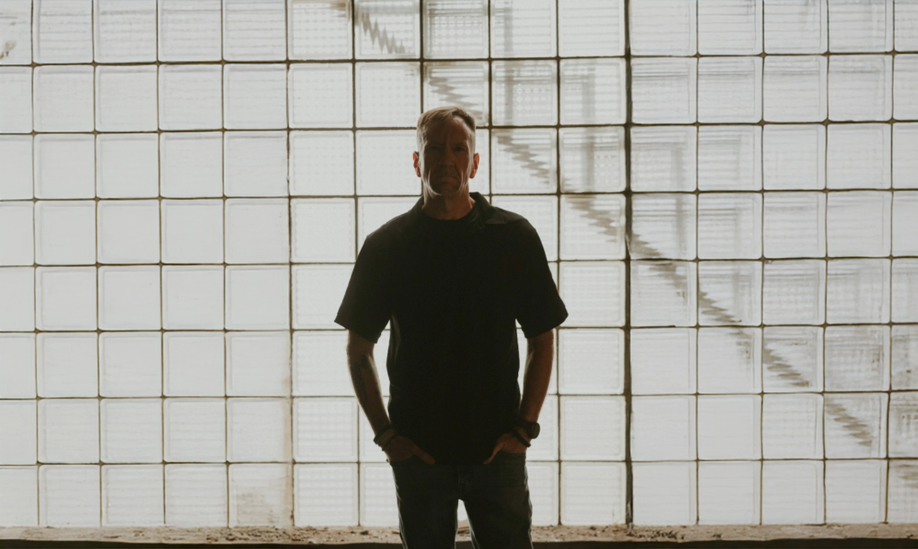 Jim Lunsford standing in front of a wall of glass blocks, partially shadowed and facing forward with calm determination, symbolizing discipline, resilience, and recovery.